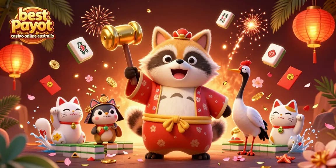 Experience the excitement of the best payout casino online Australia with a joyful tanuki and vibrant elements.