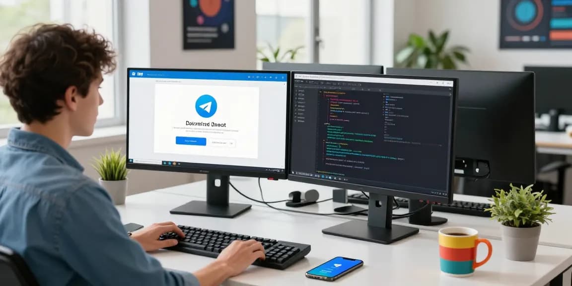 Seamless workspace highlighting Telegram download interface and coding setup in a modern office.