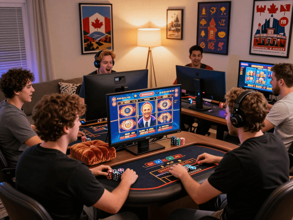 Engaging scene of players gambling online Canada with vibrant casino games and cozy home setting.