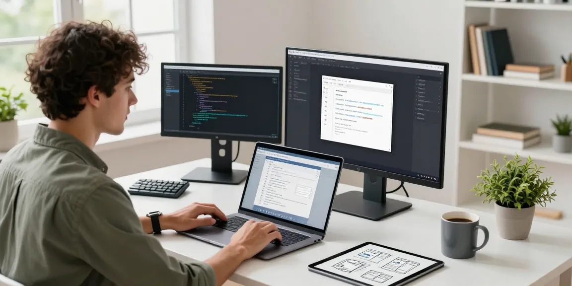 WPS Download in a modern workspace where a developer focuses on software design, showcasing tech gadgets and creativity.