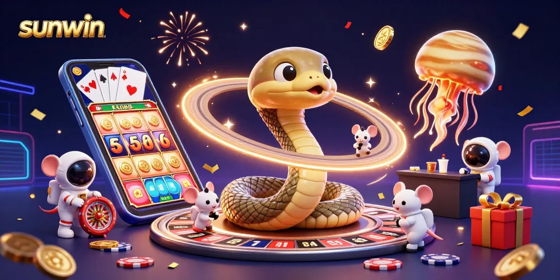 Engaging scene with sunwin characters betting around a cosmic roulette wheel, illustrating thrilling gameplay.