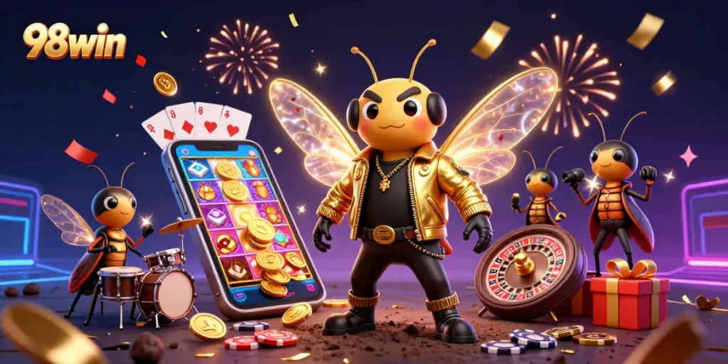 Spin the reels with 98win in a vibrant casino scene featuring a rock star and fun elements.