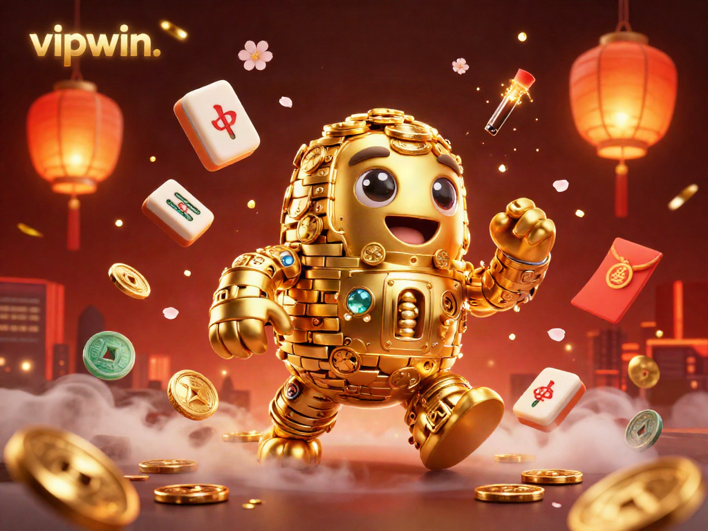 Engage with the vibrant world of vipwin. featuring a golden golem and festive gaming elements in a dynamic casino setting.