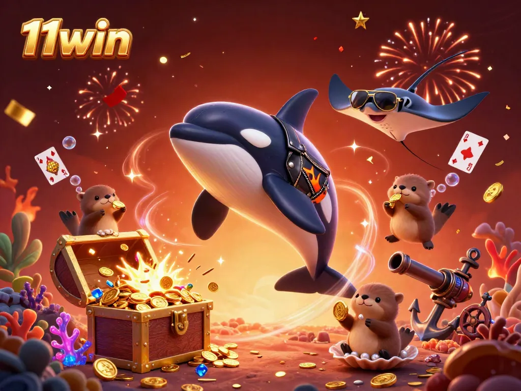 Experience the underwater thrill at 11win with a vibrant 3D illustration of joyful sea characters celebrating in a casino-themed adventure.