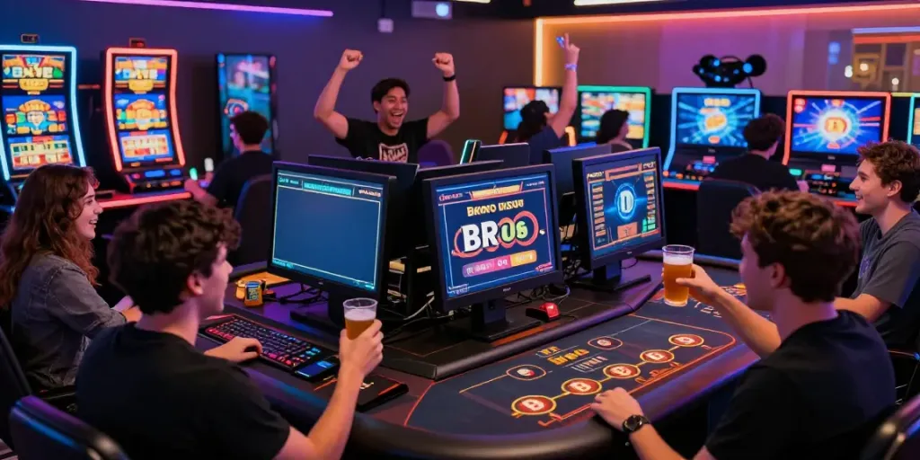 Crypto casino Canada that accepts Bitcoin, lively gaming scene with diverse players and vibrant atmosphere.