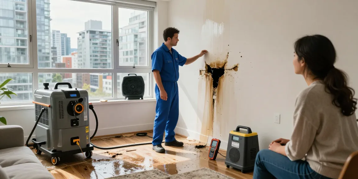 Emergency water damage restoration Vancouver technician inspecting water damage while using advanced equipment.