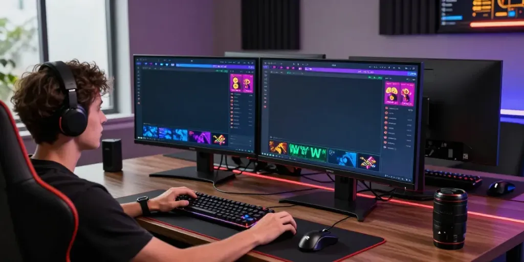 Player enjoying an immersive experience on NBET's online gaming platform, showcasing interactive monitors and stylish gaming setup.