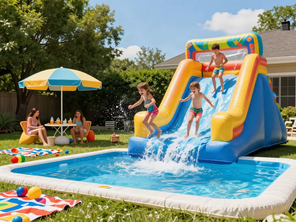 Children playing on a colorful water slide in a summer backyard setting.