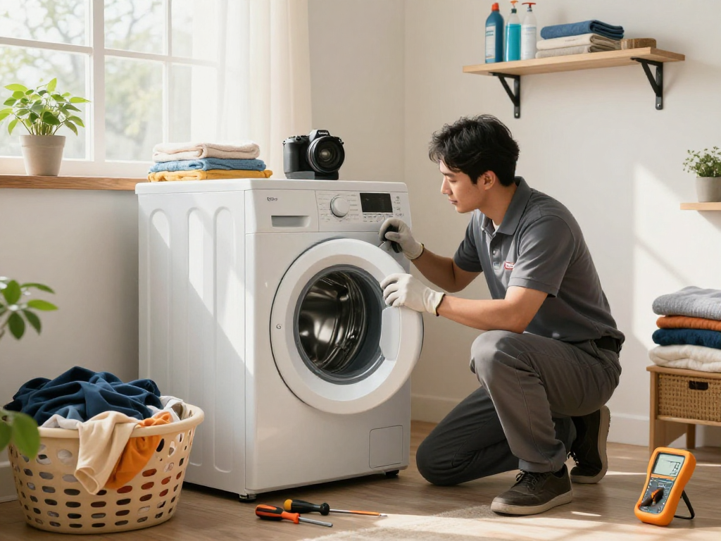 Local appliance repair technician fixing a washing machine in a bright laundry room.