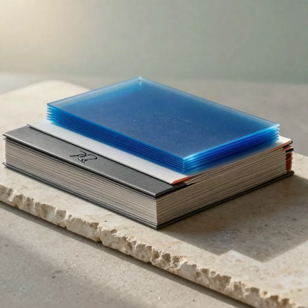 Macro of brand boards, blue translucent sheets, proof tabs, and a launch kit on pale stone.