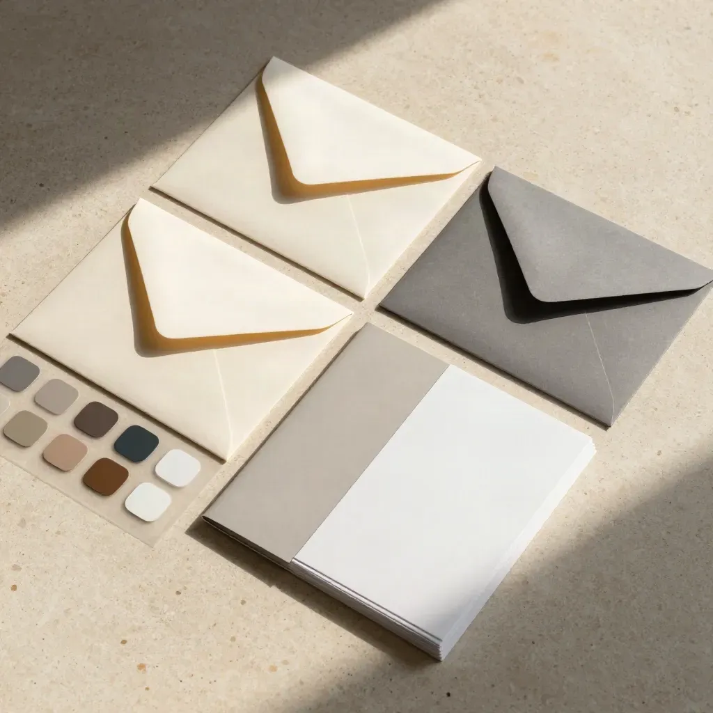 Travertine flatlay of identity materials, folder covers, cards, and colour chips.