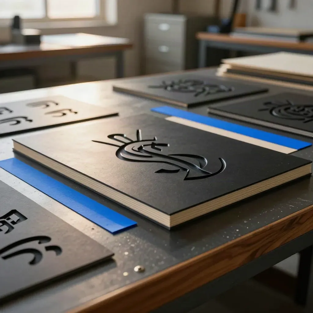 Debossed monogram plaque with die-cut symbol samples and blue proof strip on a studio bench.