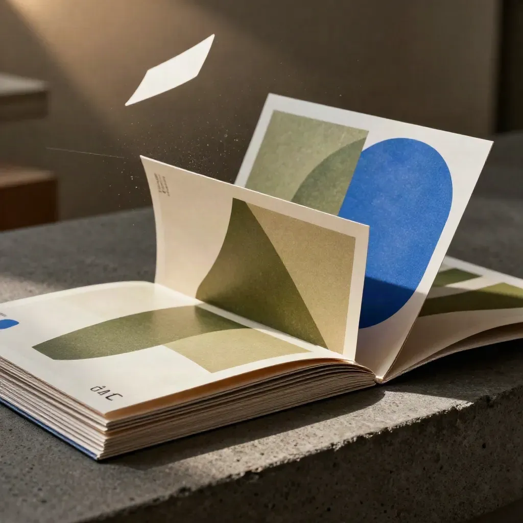 Macro of launch campaign print materials fanning outward on a concrete bench