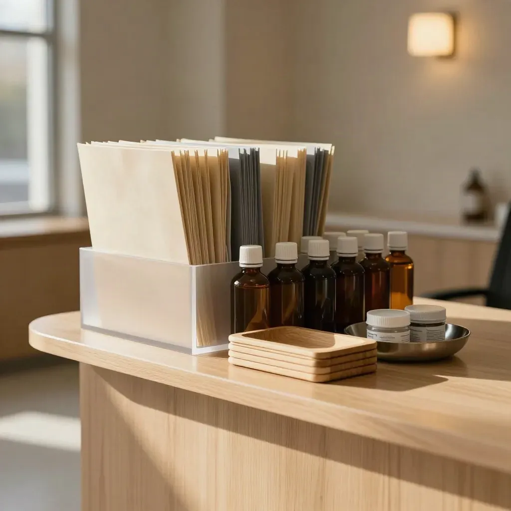 Calm clinic shelf with folders, amber bottles and a frosted acrylic holder in warm window light.