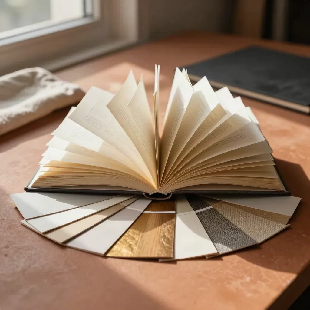 Top-down brand guidelines book with tabs and swatches on a terracotta studio surface.