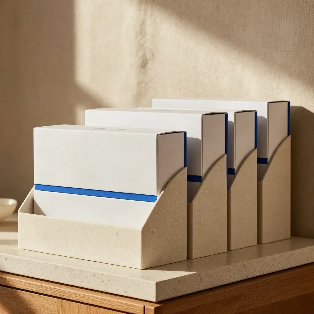 Stacked Maple Kit cartons on a travertine plinth with electric-blue accents and soft daylight
