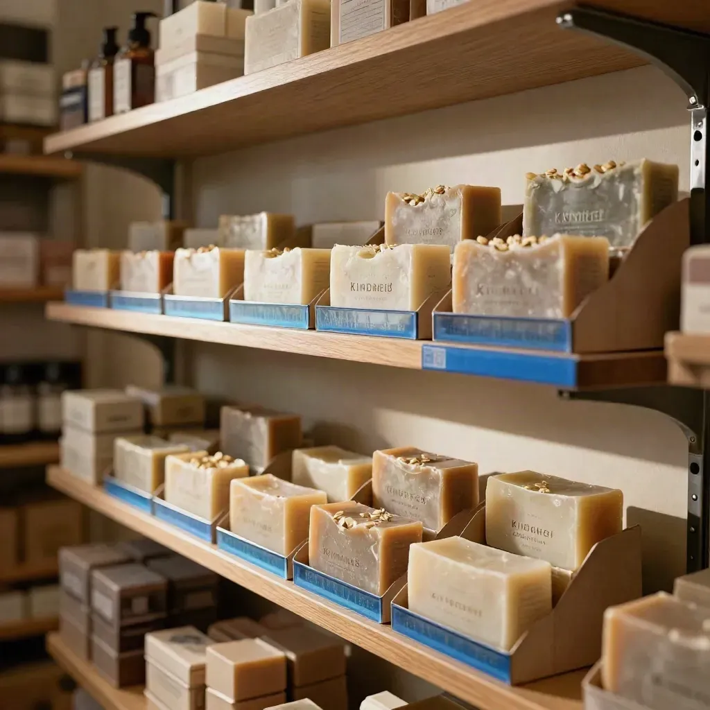 Store-ready soap shelf with aligned bars, cartons, and risers in a warm boutique apothecary
