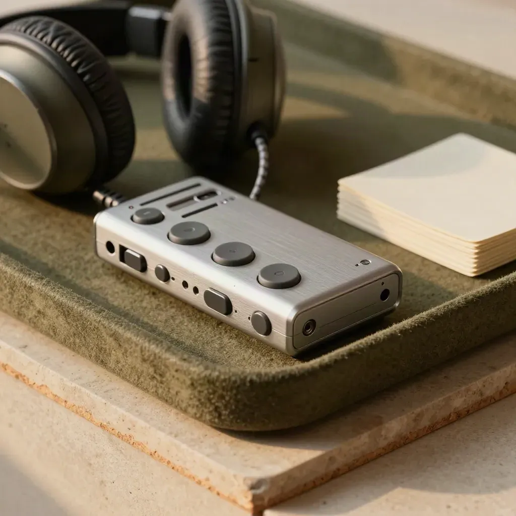 Compact recorder, headphones and blank cards on a khaki ledge in soft directional light.