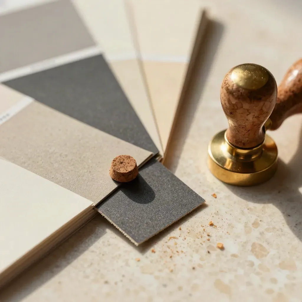 Macro still life of swatches, cork mood pin, and brass seal stamp on travertine.