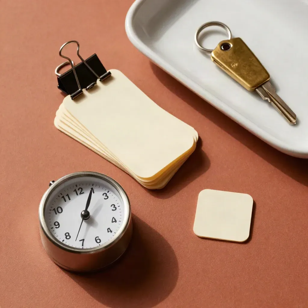 Top-down project manager still life with timer, binder clips, key fob and milestone chips.