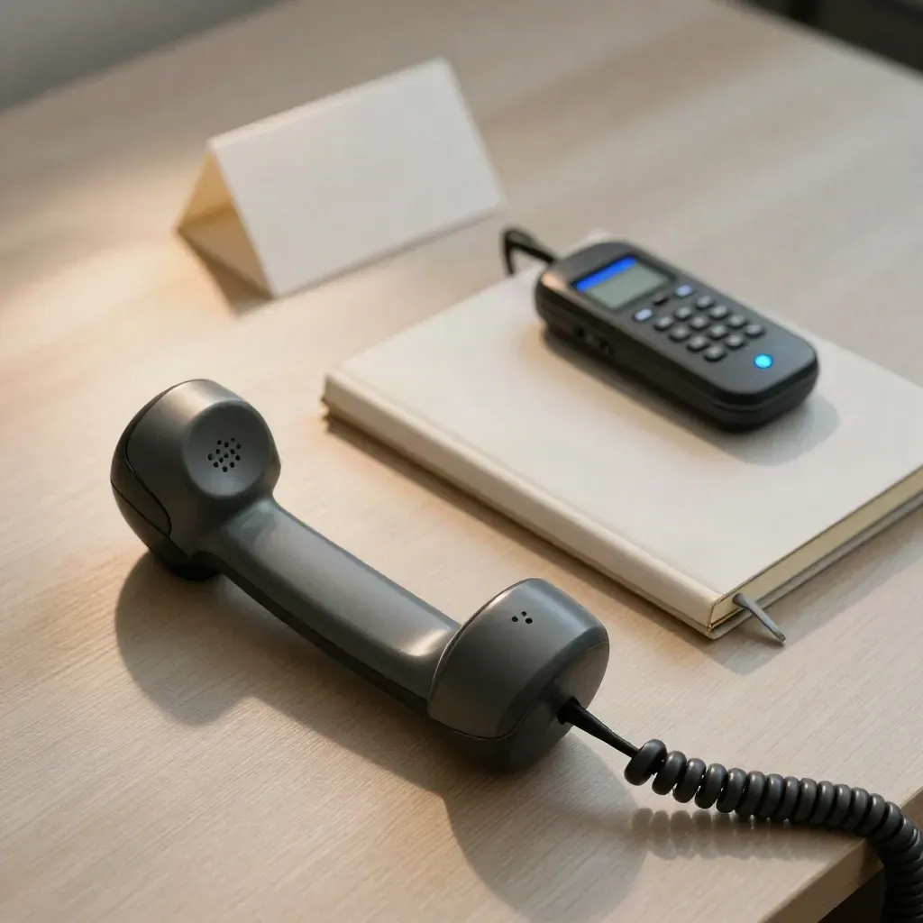 Desk phone handset, notebook, and voice recorder on pale wood, softly lit.