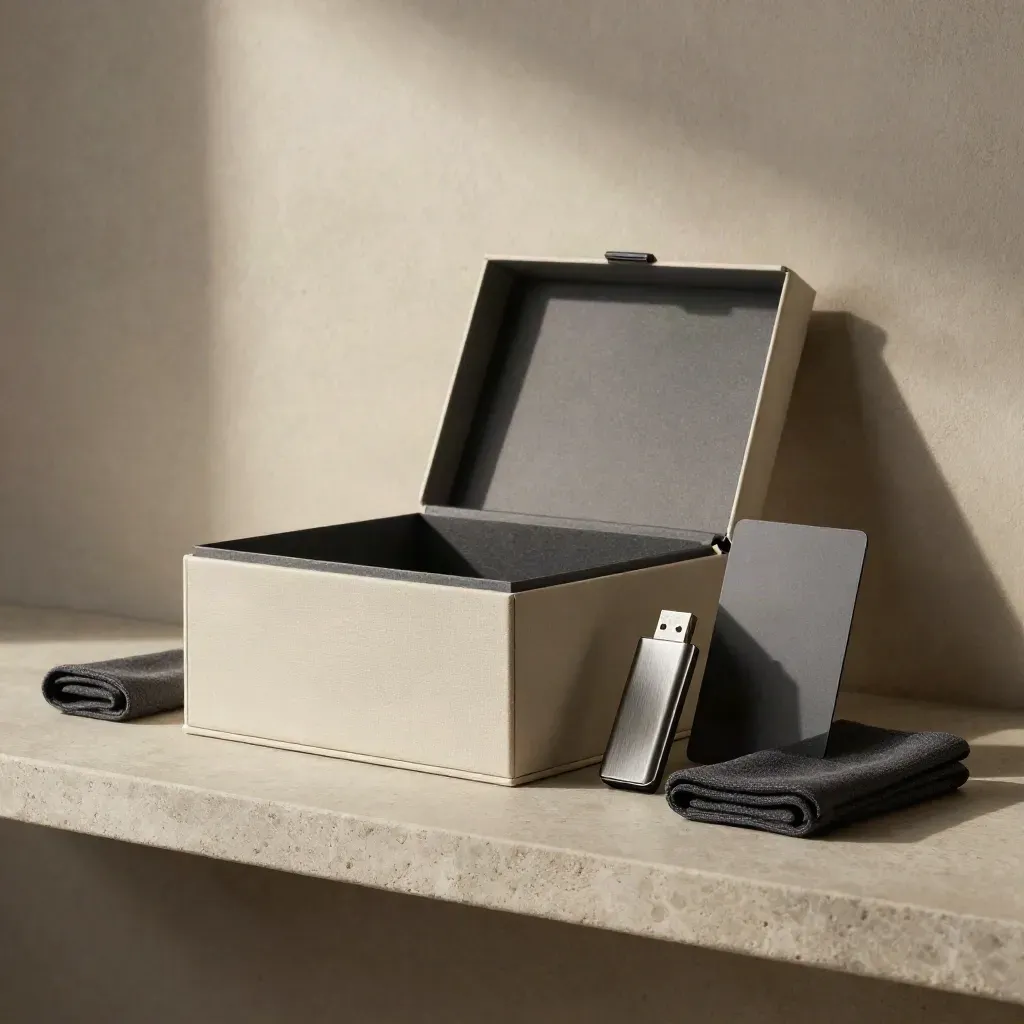 Archival box, USB drive, cloth wrap, and card sleeve on a stone shelf in soft side light.