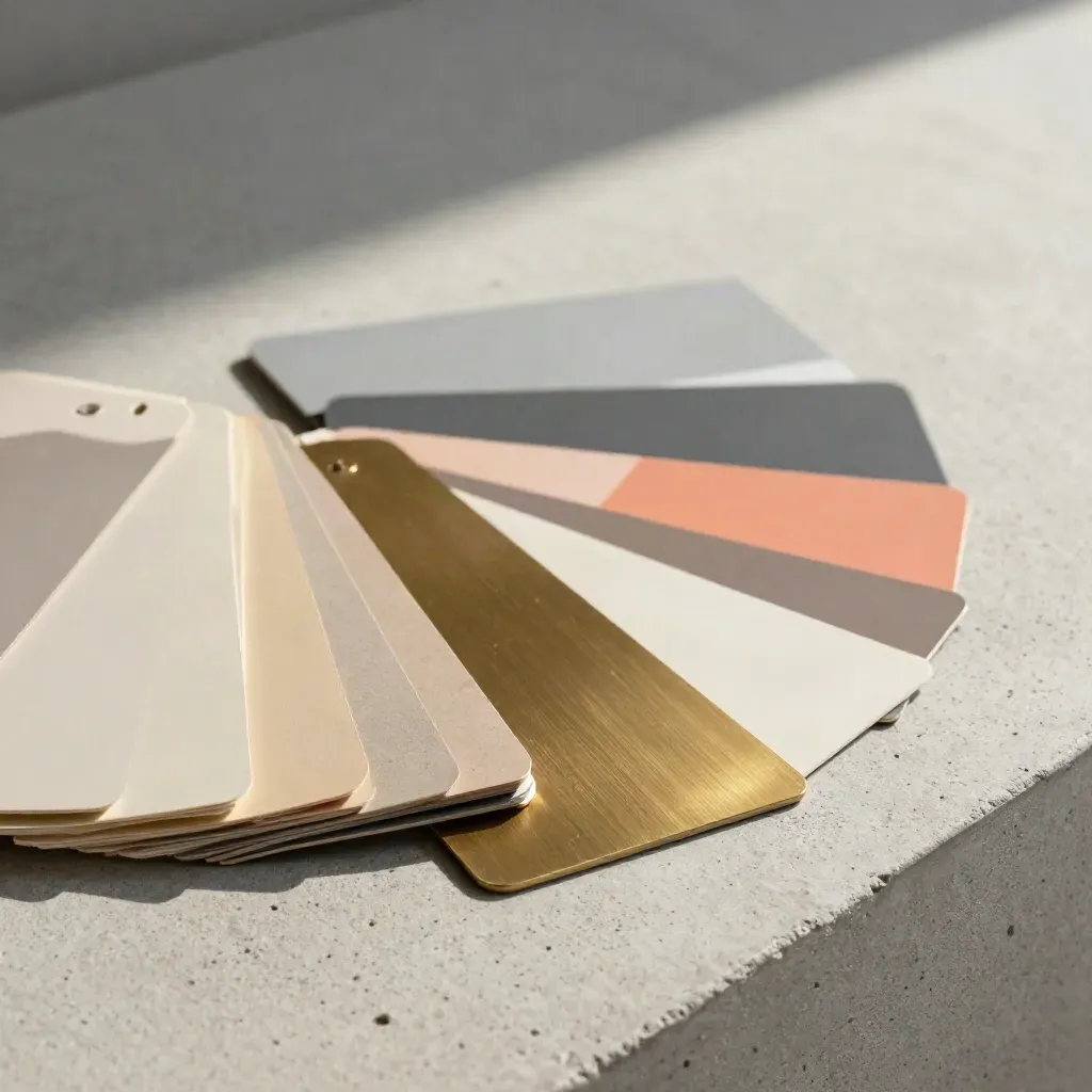 Swatch fan, brass sample and mockup blocks on pale concrete with coral accent