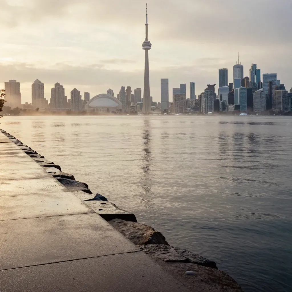 Toronto skyline with CN Tower above calm lake mist and wet waterfront at golden hour.