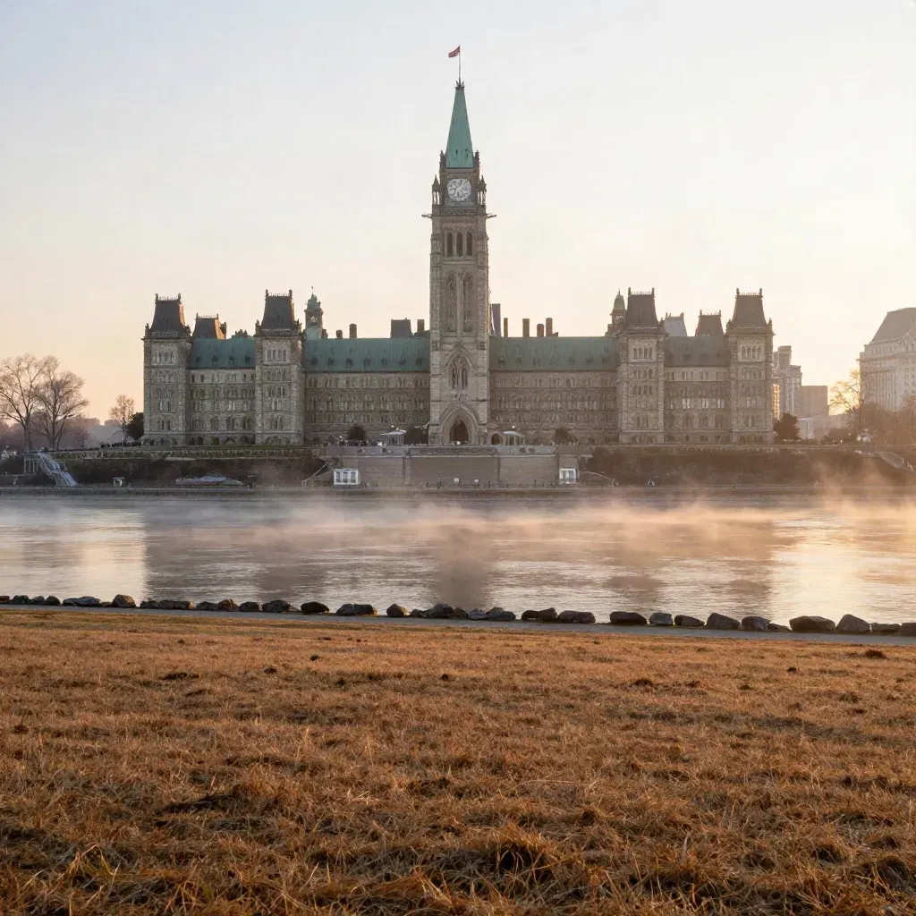 Parliament Hill glowing at sunrise above a misty river edge and calm foreground