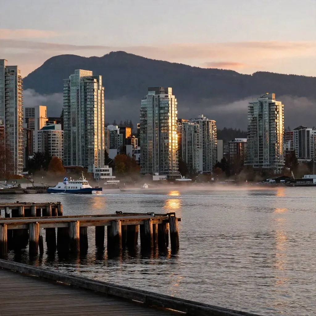Vancouver harbour at golden hour with mountains, docks, mist and calm water