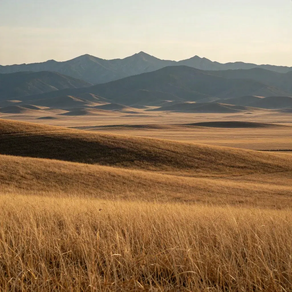 Alberta foothills and Rockies under a vast prairie sky with warm haze and open grassland.