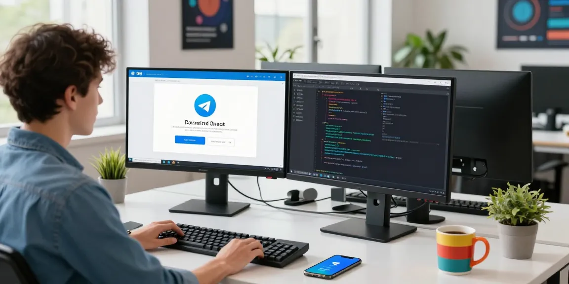 Seamless workspace highlighting Telegram download interface and coding setup in a modern office.
