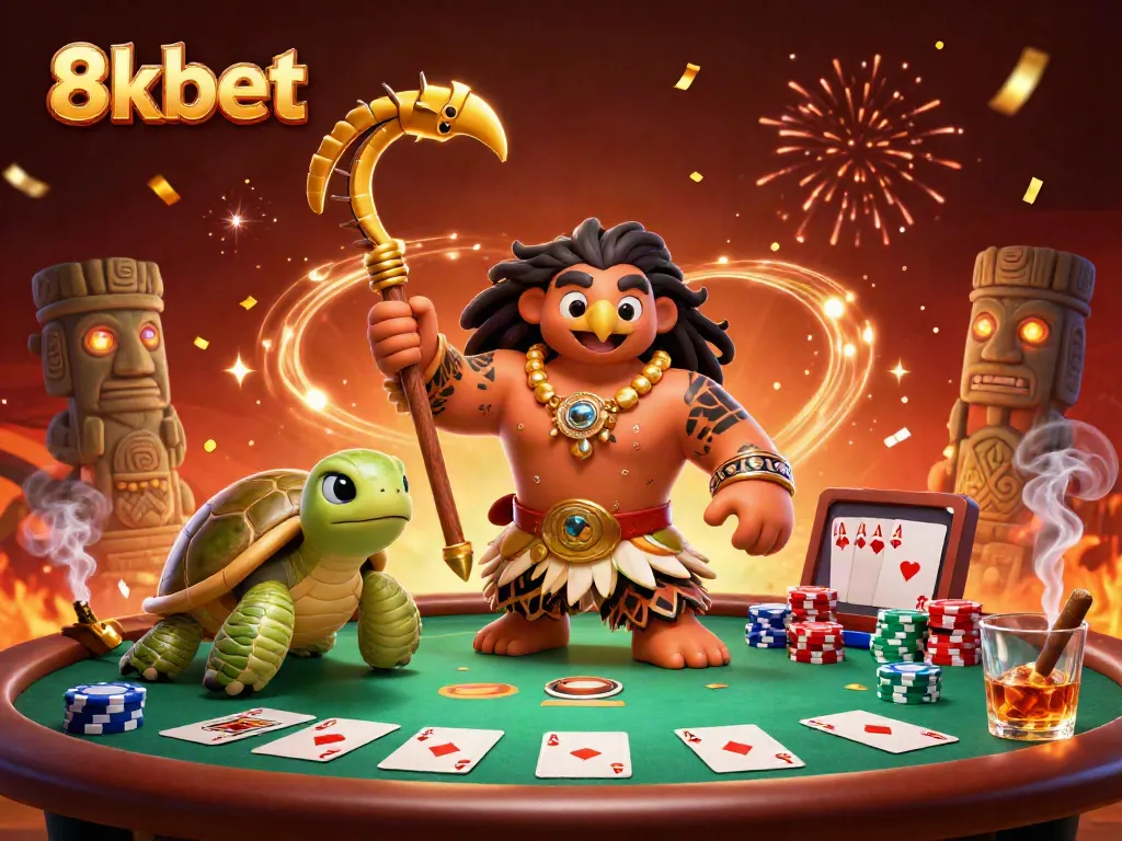 Engage with 8xbet's vivid casino world featuring a demigod and turtle amidst vibrant poker elements.