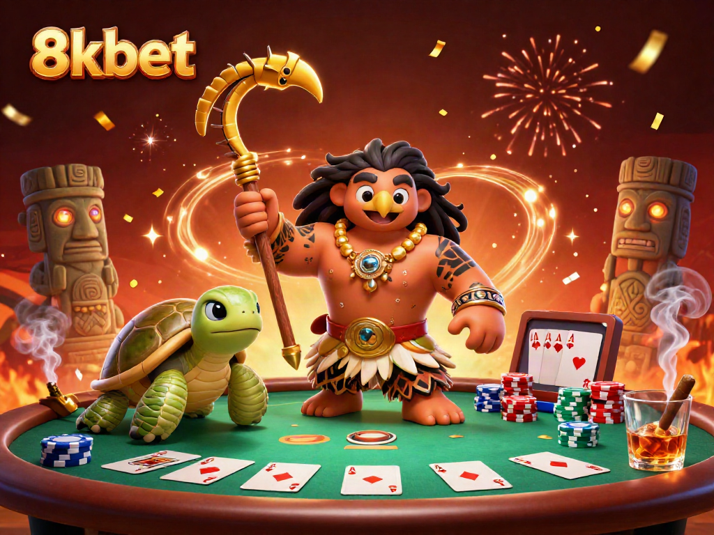 Engage with 8xbet's vivid casino world featuring a demigod and turtle amidst vibrant poker elements.