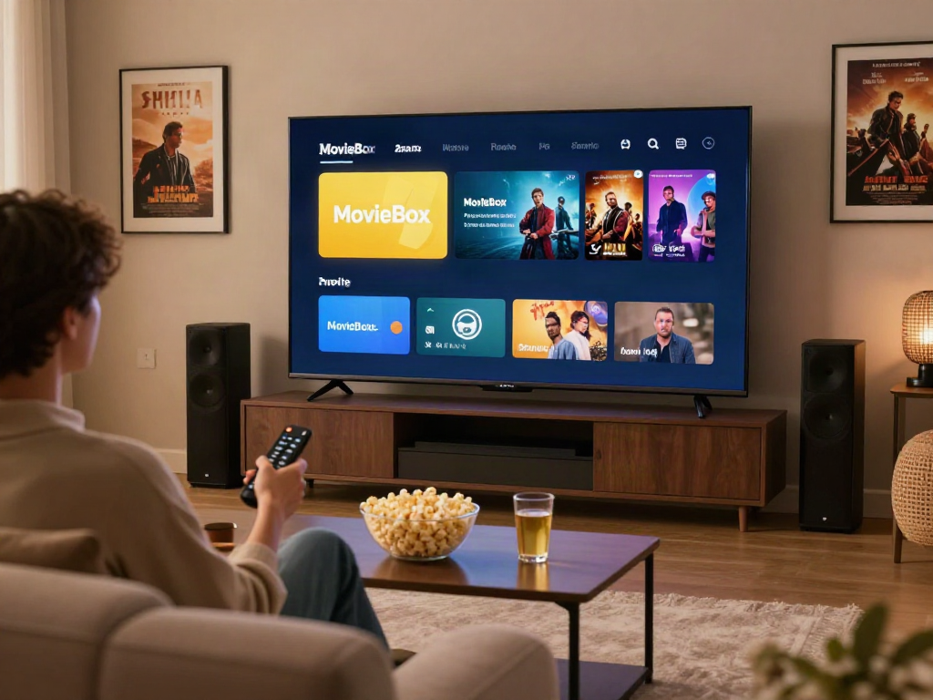 Cozy home movie night with MovieBox download interface on TV.