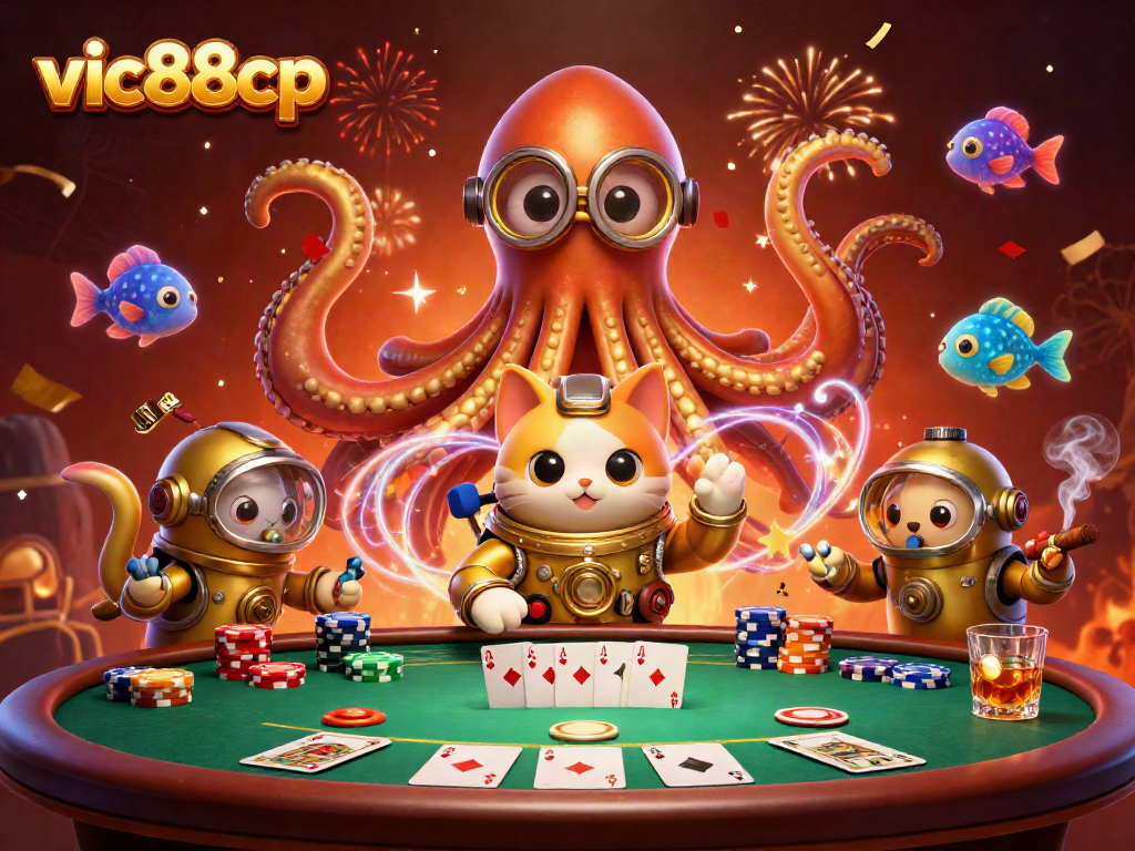 Experience thrilling action at vic88cp, featuring a colossal kraken and diving cat amidst vibrant casino games.