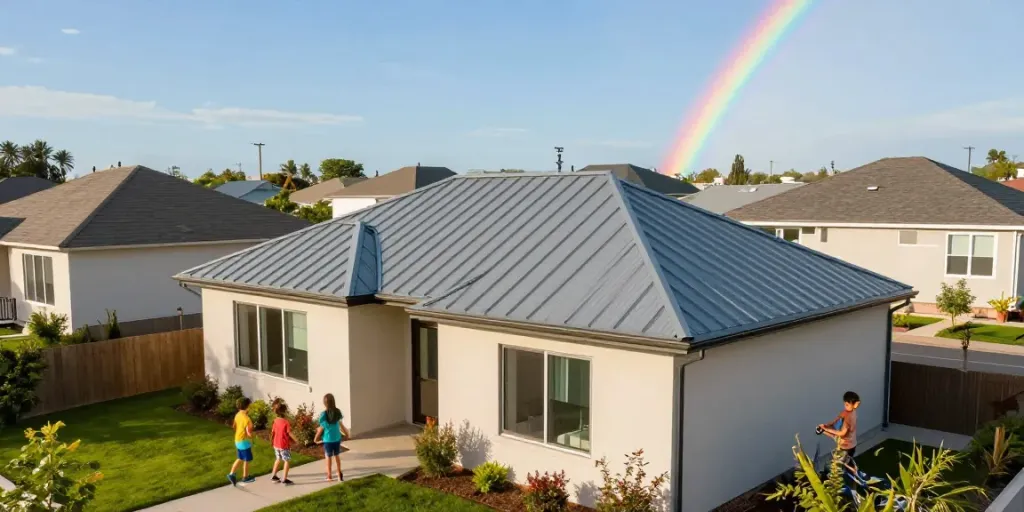 MROOF Metal Roof installed on a stylish home in a vibrant neighborhood, showcasing durability and appeal.